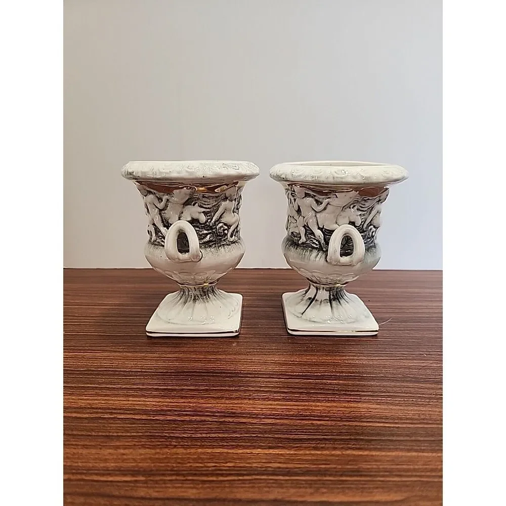 Set‎ of 2 Vintage 4 Inch Vase Original Lefton Sticker Cherub Mermaid Porcelain